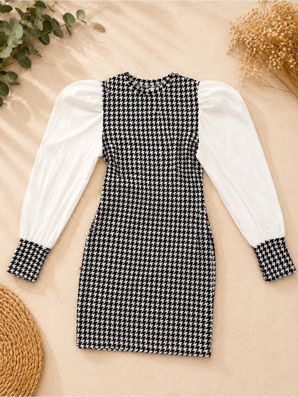 SHEIN Black & White Houndstooth Puff-Sleeve Midi Dress
